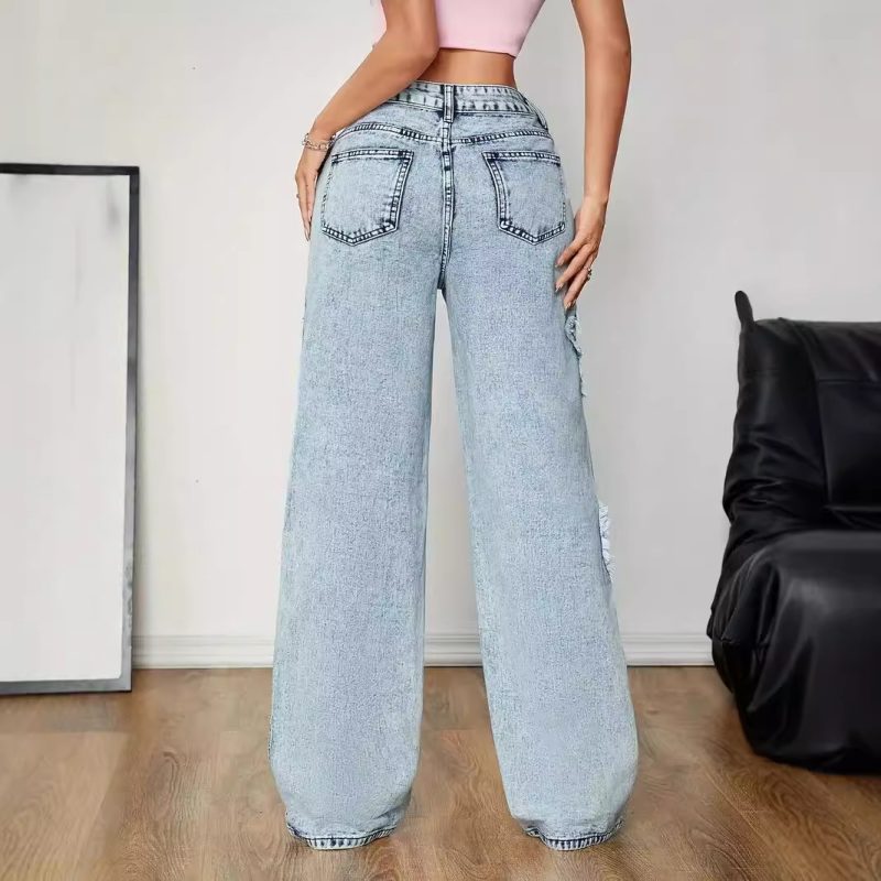 Retro High-Waist Jeans with Star Embroidery - Baggy & Straight - Image 2
