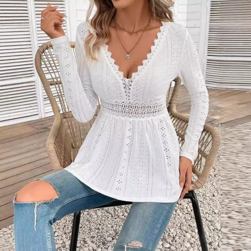 Elegant Solid Color V-Neck Lace T-Shirt - Autumn/Winter - Image 4