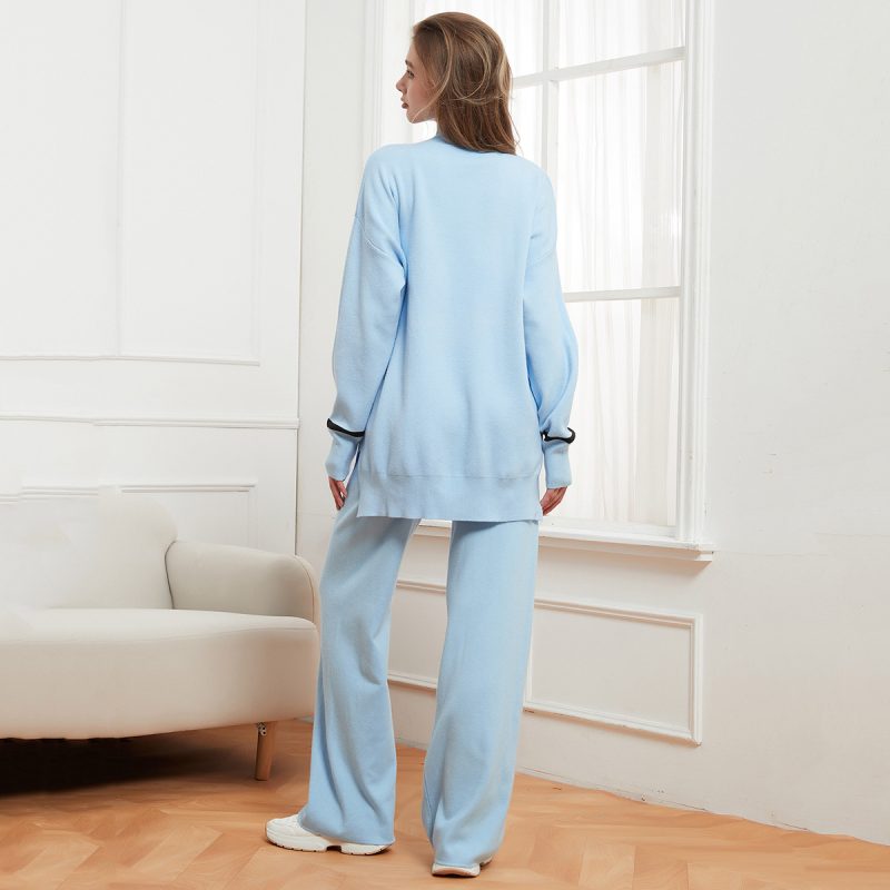 Solid Color Cuff Striped Loose Sweater and Trousers Two-Piece Set - Image 2