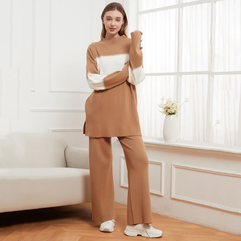 Stitching Pullover & Split Sweater Trousers Set - Casual Two-Piece - Image 4