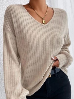 V-Neck Lantern Sleeve Knitwear – Autumn Drop Shoulder Top