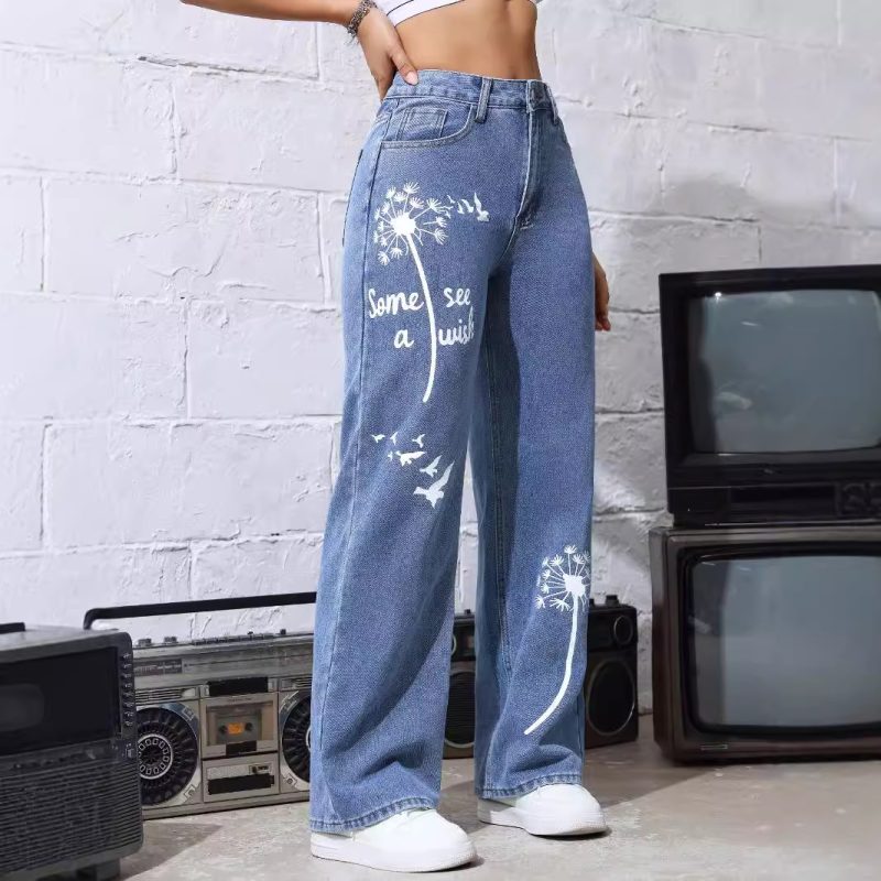Stylish High-Waist Printed Jeans - Baggy Straight Trousers - Image 4