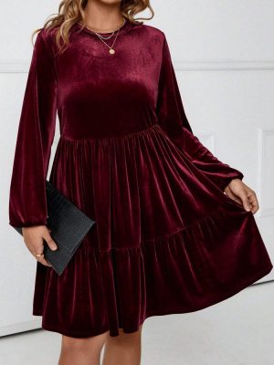 Plus Size Korean Velvet Midi Dress – Wine Red, Autumn/Winter