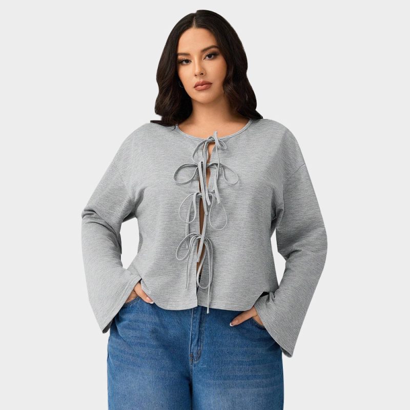 Plus Size Sexy Lace-Up Cardigan Top - Loose Fit, Autumn/Winter - Image 5