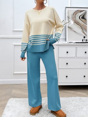 Autumn Winter Casual Loose Striped Contrast Color Straight Leg Trousers Suit