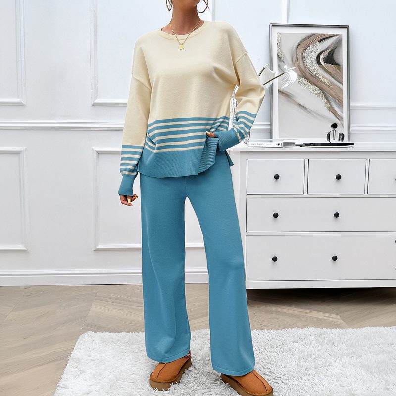 Autumn Winter Casual Loose Striped Contrast Color Straight Leg Trousers Suit