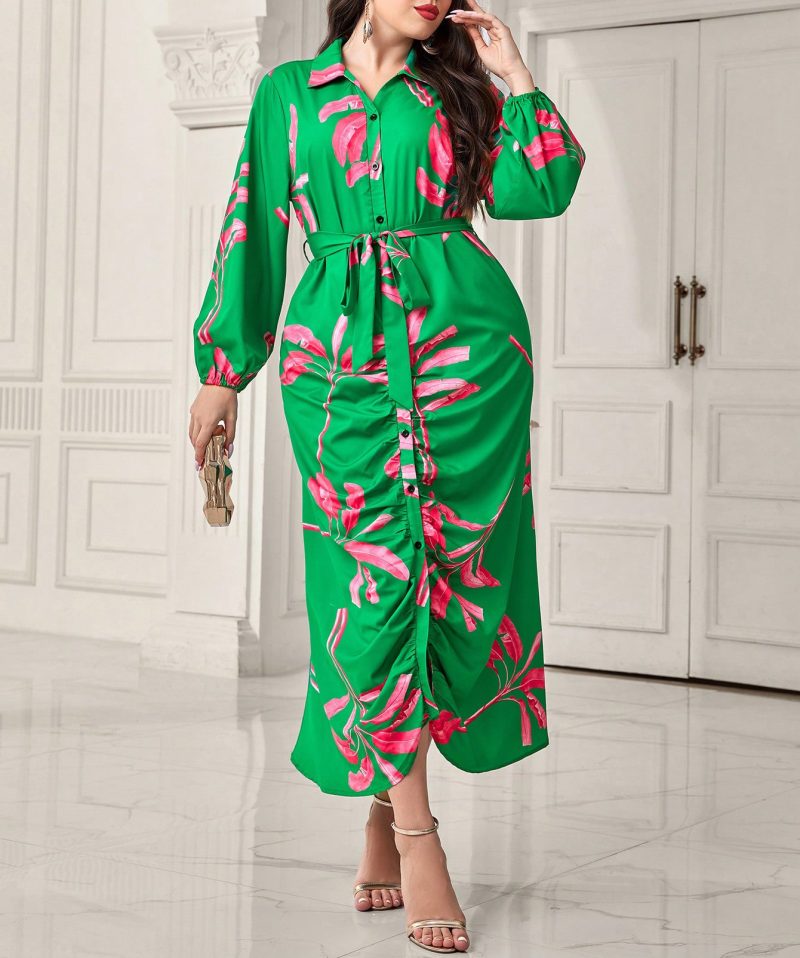Plus Size Printed Elastic Waist Dress - Autumn Winter - Image 2