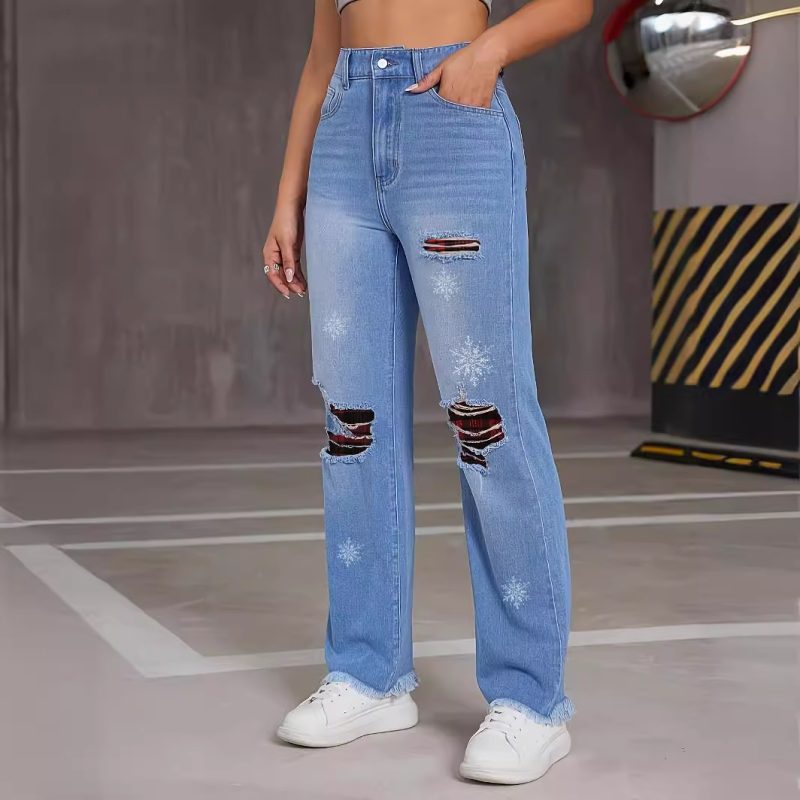 Trendy Plaid Ripped Jeans - Loose Fit for Autumn/Winter - Image 2