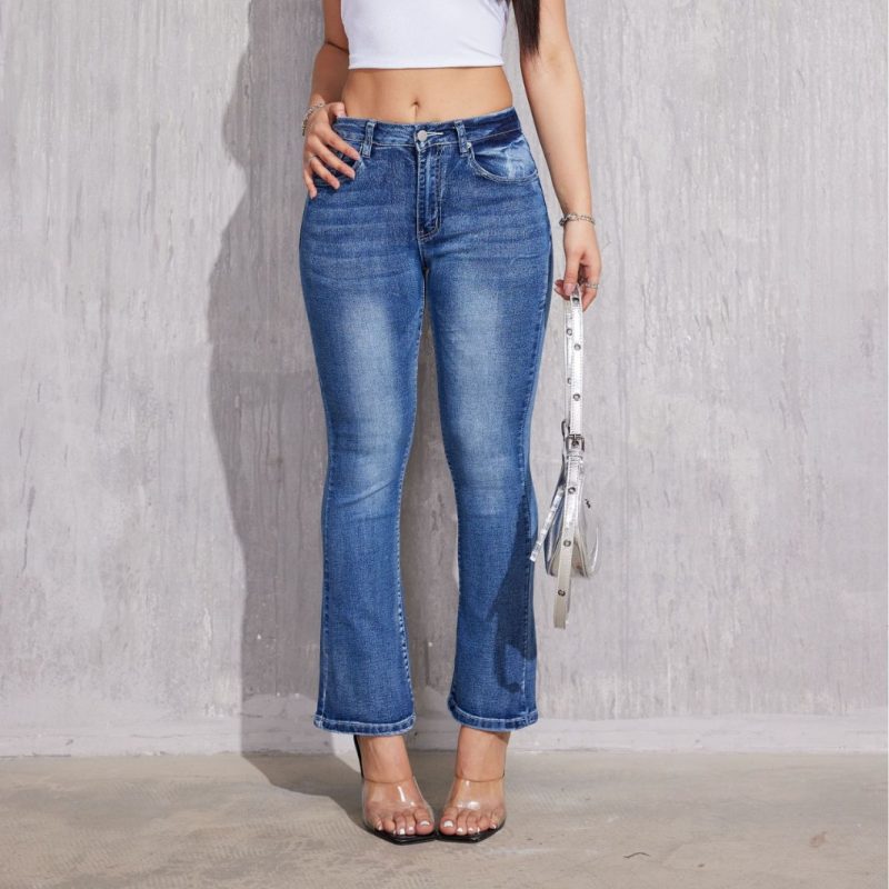 Slim Fit Blue Denim Pants for Women - Autumn-Winter, No Elastic, Straight Style
