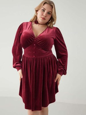 Plus Size V-Neck High Waist Wine Red Elegant Dress