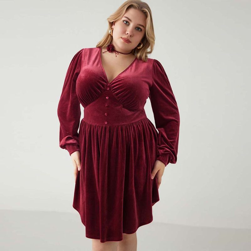 Plus Size V-Neck High Waist Wine Red Elegant Dress