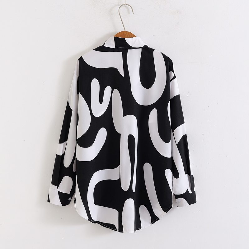 Printed Loose Collared Long Sleeve Shirt - Women’s Top - Image 2