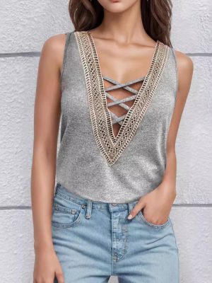 Women’s V Neck Lace Loose Top – Elegant Office Vest Shirt