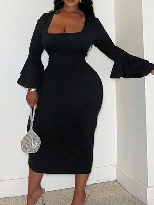 Plus Size Square Collar Ruffle Sleeve Slim Midi Dress