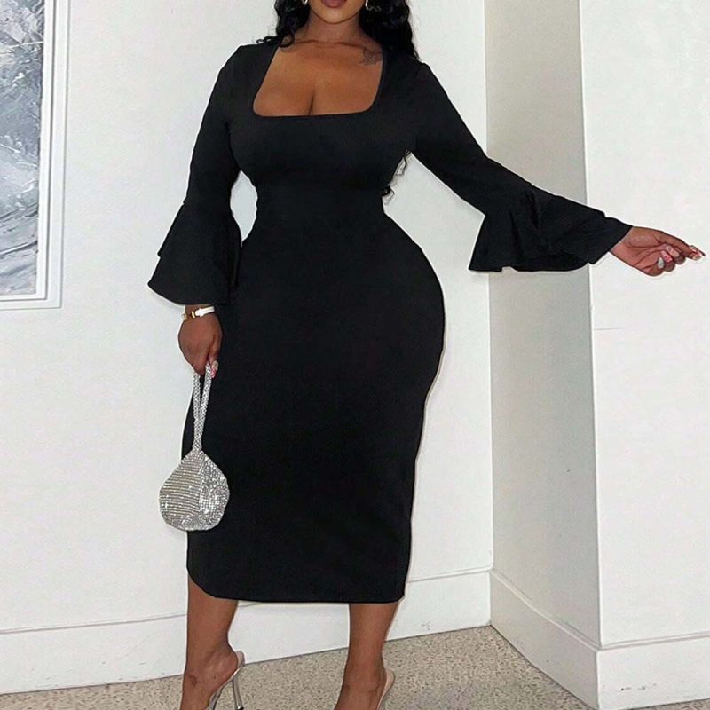 Plus Size Square Collar Ruffle Sleeve Slim Midi Dress