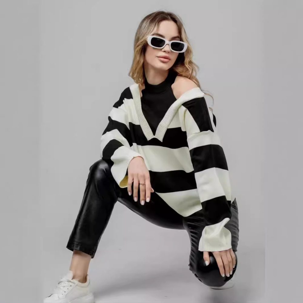 Retro Western Off-Shoulder Striped Sweater - Faux Two-Piece - Image 3