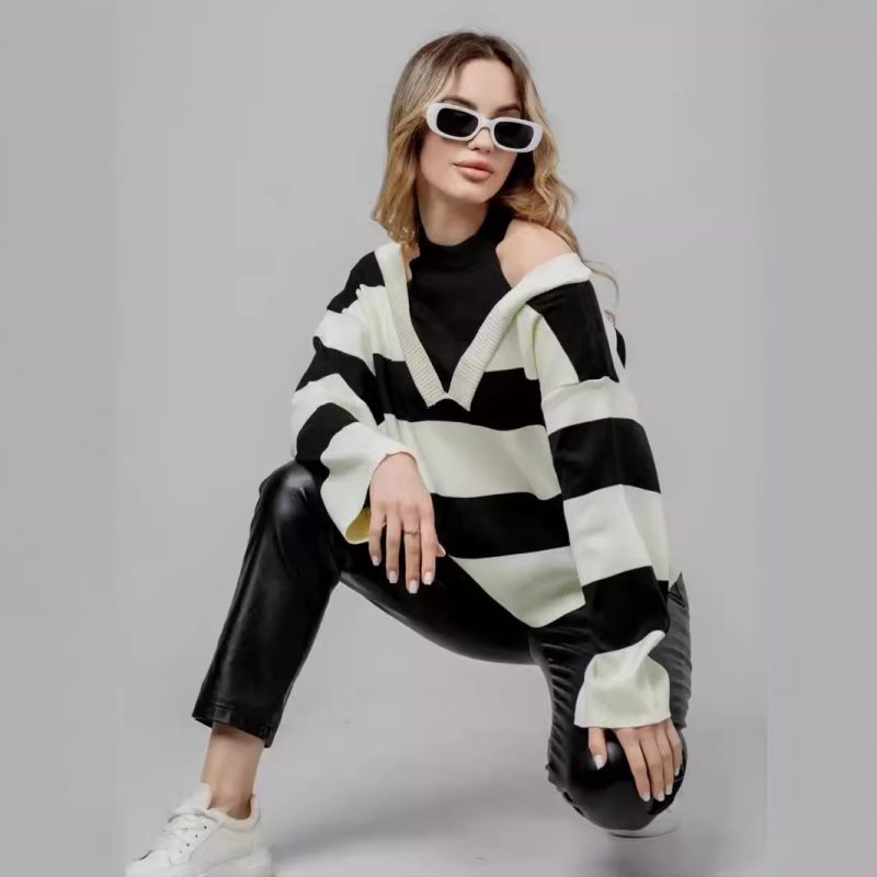Retro Western Off-Shoulder Striped Sweater - Faux Two-Piece - Image 3