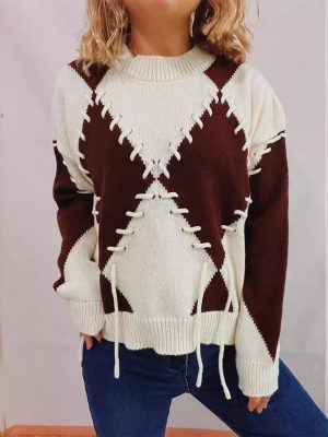 Spring Color Block Knitted Sweater – Diamond Lattice & Rope Strap