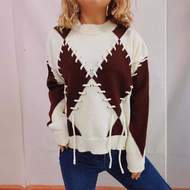 Spring Color Block Knitted Sweater - Diamond Lattice & Rope Strap