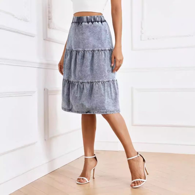 Elegant Midi Denim Skirt with Elastic Waistband - Summer Style - Image 3