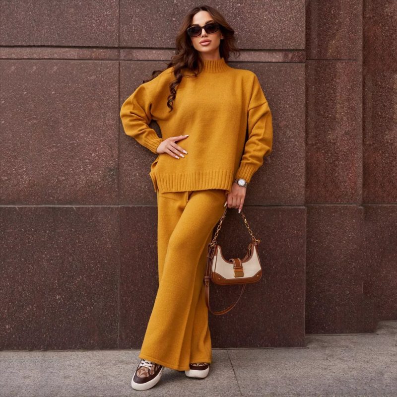 Solid Color Stand Collar Sweater & Trousers Set - Loose Fit - Image 3