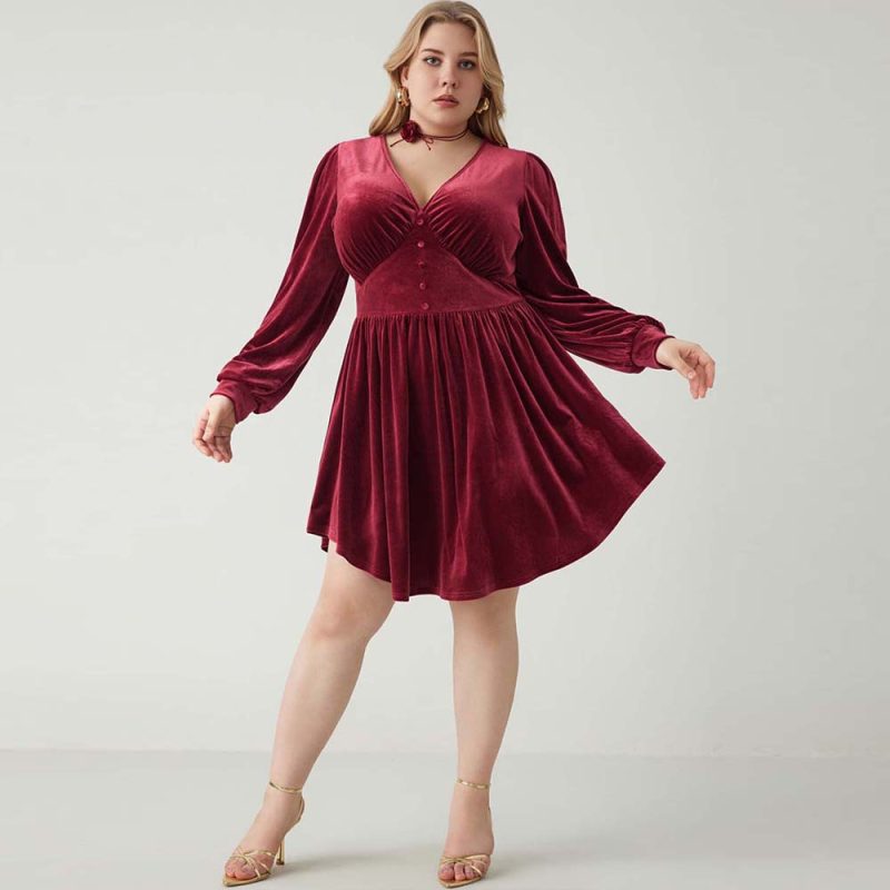 Plus Size V-Neck High Waist Wine Red Elegant Dress - Image 4