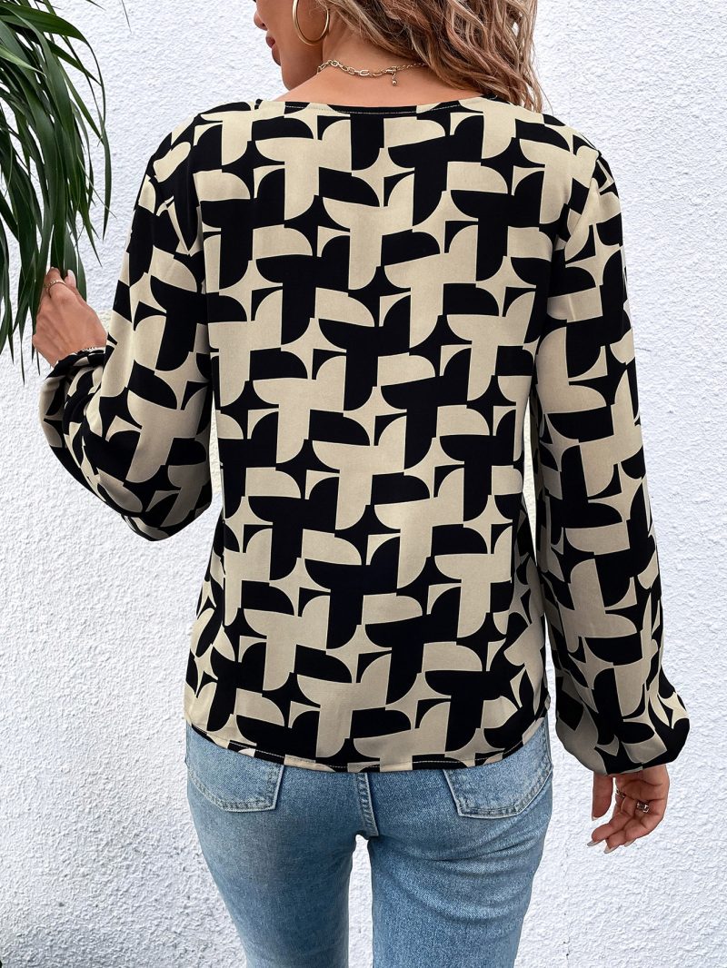 V-Neck Printed Shirt with Long Sleeve and Drawstring Detail - Image 2