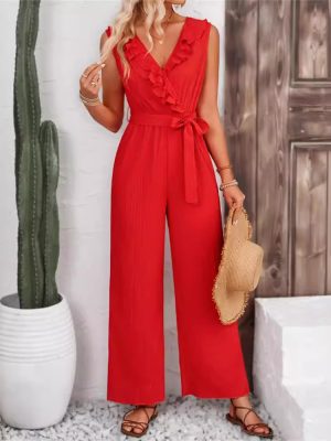 Jacquard Striped Wide-Leg Jumpsuit – Ruffled & Belted for Women