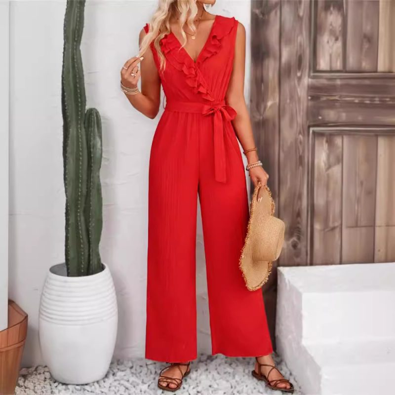 Jacquard Striped Wide-Leg Jumpsuit - Ruffled & Belted for Women