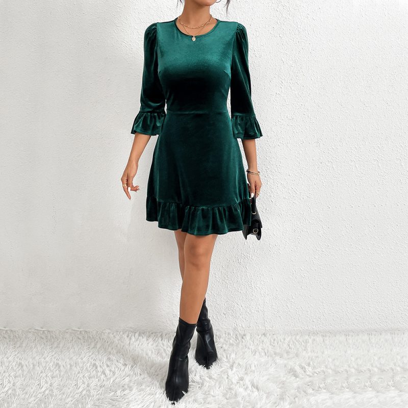 Elegant Velvet Ruffled Short Dress - Autumn/Winter - Image 3