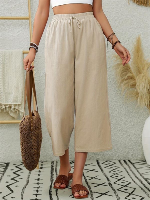 Elegant Cotton Linen Elastic Waist Wide Leg Cropped Pants with Pockets - Image 3