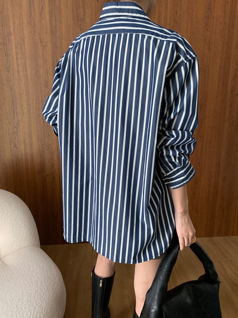 French Retro Contrast Color Vertical Stripes Loose Long Sleeve Shirt Bandage Dress for Early Autumn - Image 3
