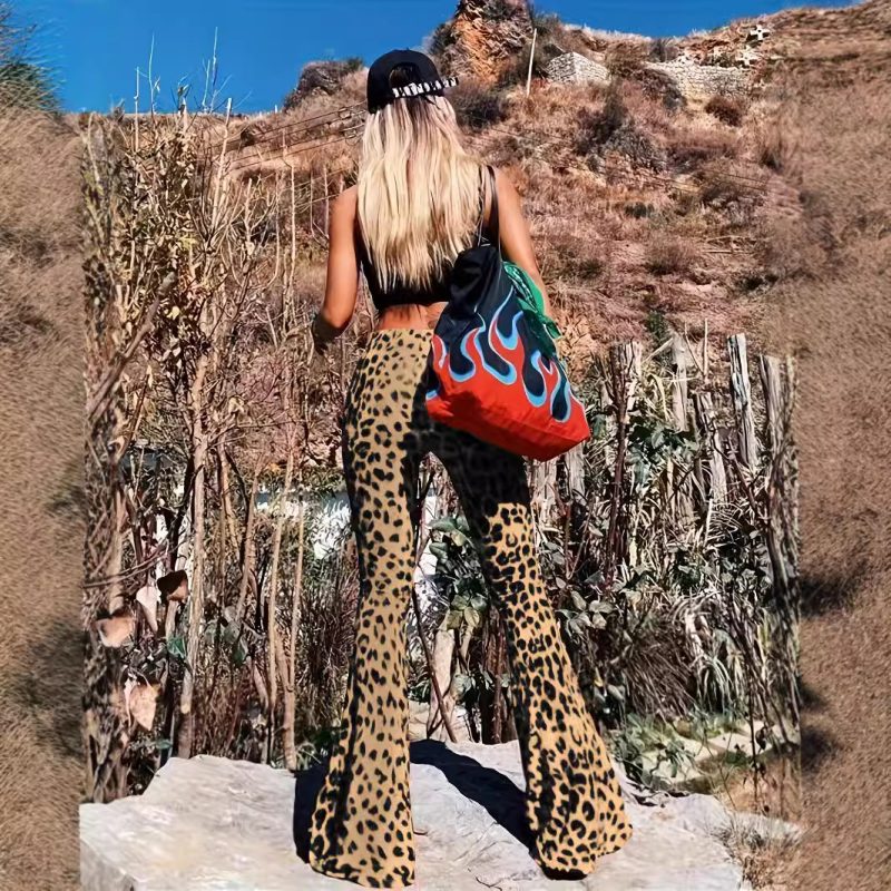 Leopard Print Skinny Bell Bottom Pants - Trendy Casual Wear - Image 3