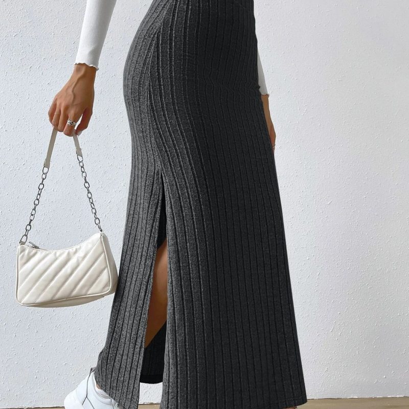 High Waist Slim Fit Knitted Skirt with Side Slit – Women's Fashion - Image 2