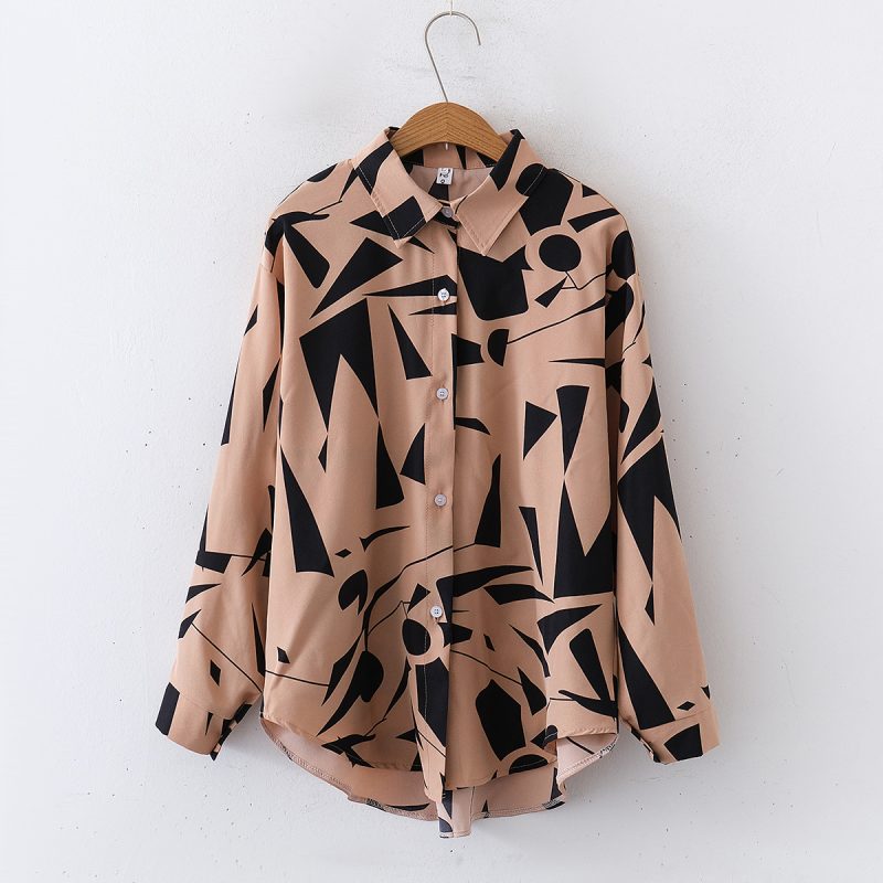 Geometric Print Loose Collared Long Sleeve Shirt - Women’s Top