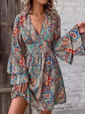 Elegant Floral Print V-Neck Dress – Autumn/Winter Flare Sleeves