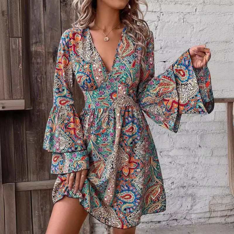 Elegant Floral Print V-Neck Dress - Autumn/Winter Flare Sleeves