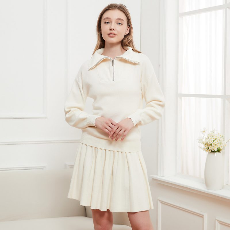 Solid Color Zipper Pullover & Pleated Skirt Set - College Style - Image 3