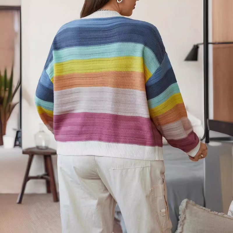 Striped Knit Cardigan Coat - Buckle-Free Autumn/Winter Wear - Image 4
