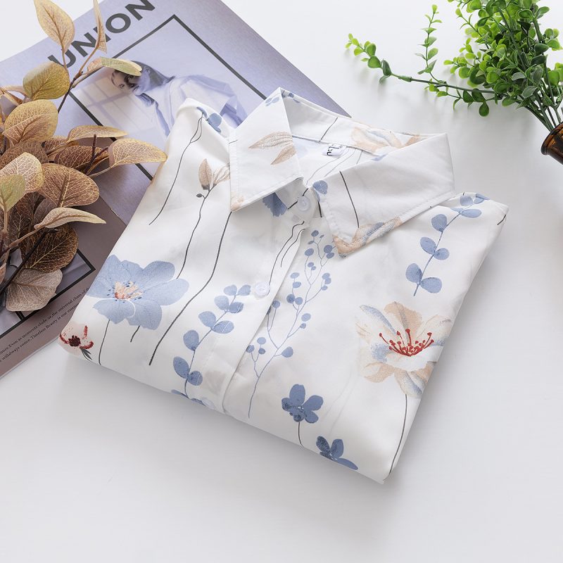 Floral Print Loose Collared Long Sleeve Shirt - Women’s Top - Image 4