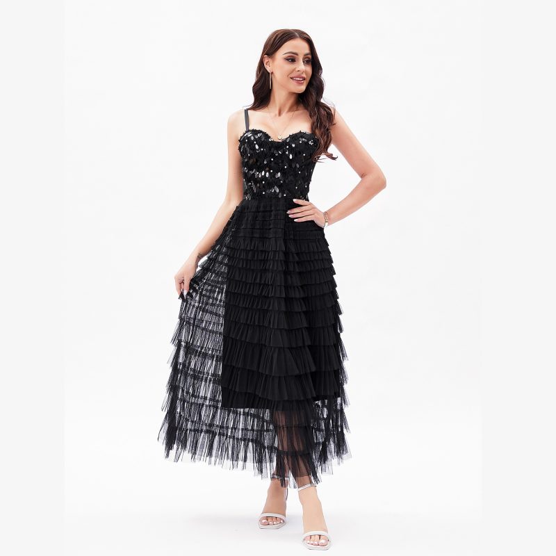 Sexy Black Paillette Corset Dress - Multi-Layer Beauty Back - Image 2