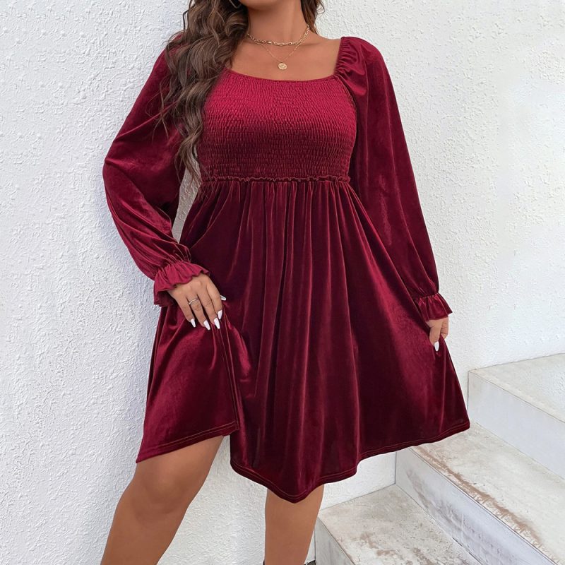 Plus Size Square Collar Ruched Wine Red Midi Dress for Women - Image 3