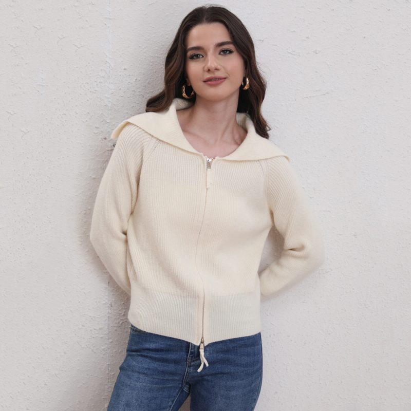 Large Collared Zipper Knitted Cardigan - Autumn/Winter