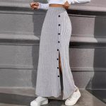 Knitted Sheath Dress - Sunken Stripe, Slit, Fastener Detail