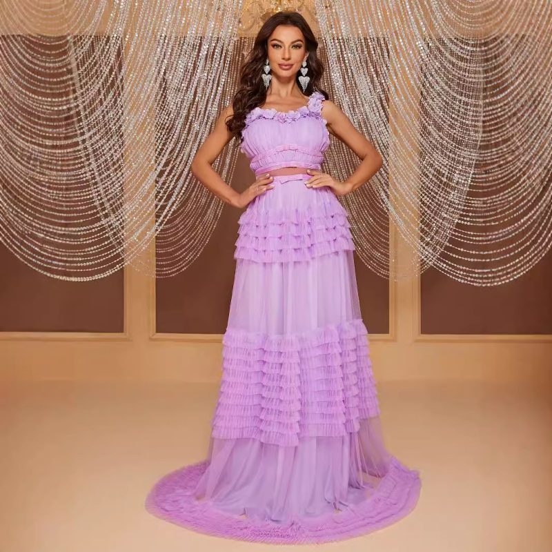 Spring Summer Lace Sling Multi-Layered Maxi Dress - Image 5