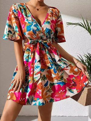 Elegant Summer Floral Print Dress for Women with Belt