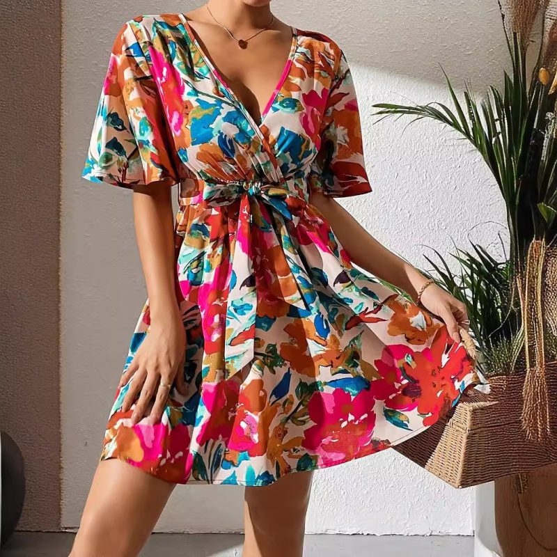 Elegant Summer Floral Print Dress for Women with Belt