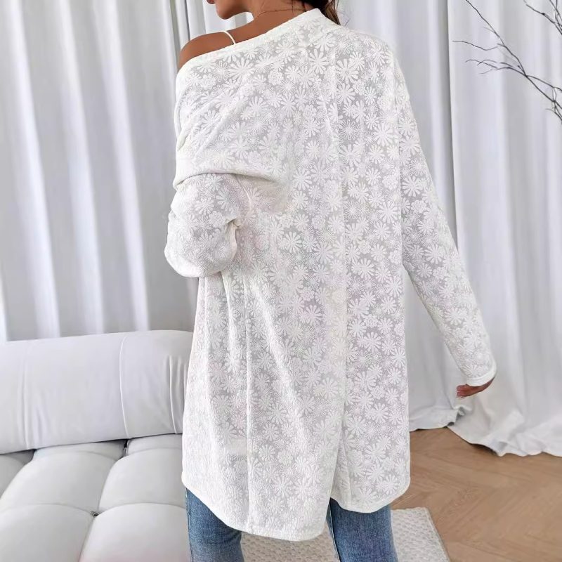 Elegant Solid Color Knitted Jacquard Long Cardigan for Women - Image 2