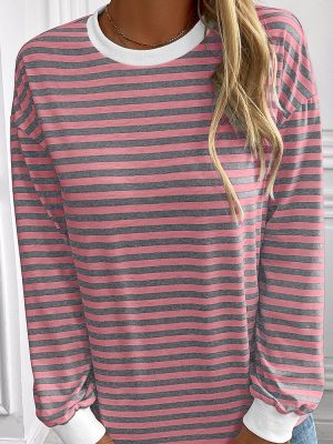 Loose Striped Long Sleeve Crew Neck T-Shirt for Women