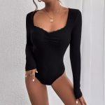 Slim Fit Square Collar Lace Pleated Jumpsuit for Fall
